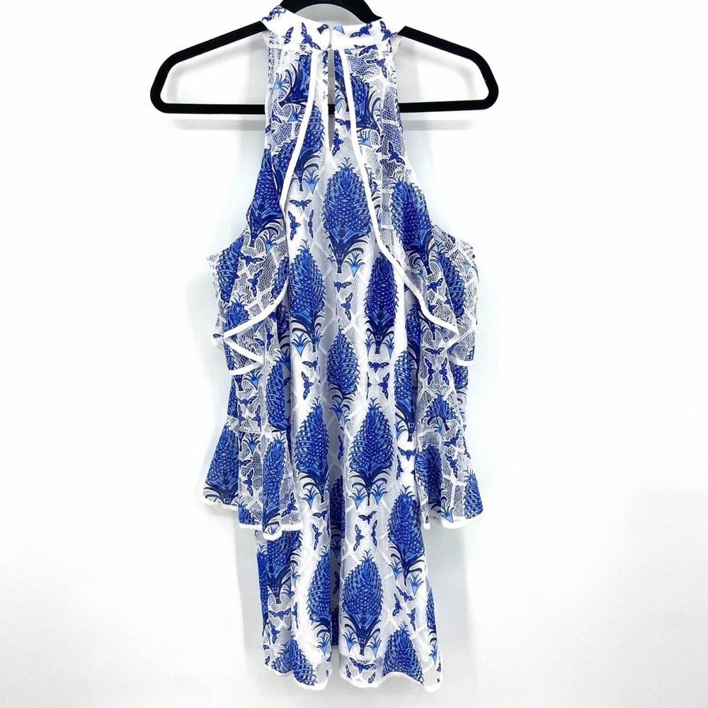 ENTRO Blue White Lace Boho High Neck Cold Shoulder Ruffle Sleeve Dress Large